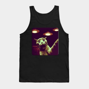 Scared Funny Cat Selfie With UFOs Behind Tank Top